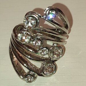 Rays of Light Statement Ring Silver Vintage Rhinestones Size 6.5 US